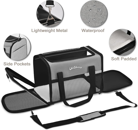 Cat Dog Carrier for Small Medium Cats Puppies up to 18 Lbs（Grey）,Soft Sided Cat Bag Airline Approved,Collapsible Pet Travel Carrier, Portable Kennel with Soft,Washable,Waterproof Pad