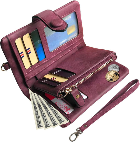 Pofeexio Womens Small Bifold Leather Wallets RFID Ladies Wristlet with Card Slots Id Window Zipper Coin Purse