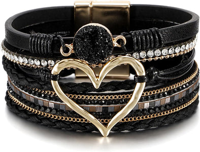 Fesciory Leopard Bracelet for Women, Boho Leather Wrap Multi-Layer Pearl Crystal Bracelet Bangle Jewelry