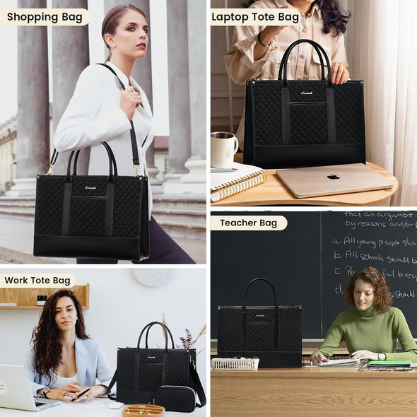 LOVEVOOK Laptop Bags for Women, 15.6 Inch Waterproof Work Tote Bag with Clutch, Professional Teacher Computer Purse Lightweight Shoulder Bag Travel, Quilted Black