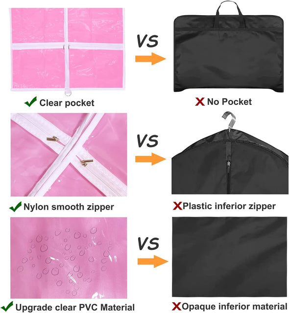 Pink Kids Dance Garment Bag for Hanging Clothes,37 Inch Waterproof PVC Travel Garment Bag with 3 Pockets for Dance Costumes,Sports,Skating,Theatre,Beauty Pageants & More