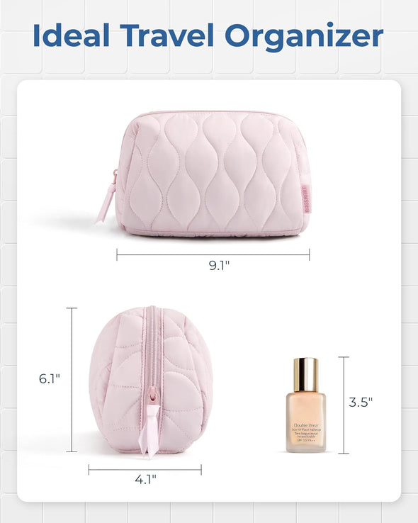 BAGSMART Makeup Bag, Travel Cosmetic Bag, Puffy Padded Make up Bag for Women, Makeup Organizer Case, Wide-Open Pouch Purse, Travel Essentials, Toiletries Accessories Brushes, Pink
