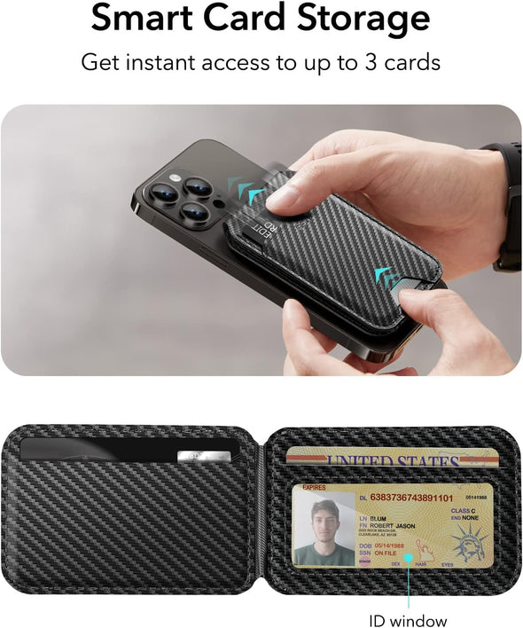 ESR for Magsafe Wallet, Phone Wallet with Adjustable Stand for Iphone 15/14/13/12, Not for Iphone 13/12 Mini, 3 Card Holder, Vegan Leather, Black Carbon Fiber
