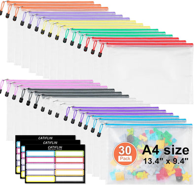 CATIFLIN 30 Pack Mesh Zipper Pouch Bags, A4 Letter Size, Clear Plastic Zip Bags for Board Game & Puzzle Storage, Waterproof & Durable Document Bags for Office, School, Travel, Art & Craft Supplies