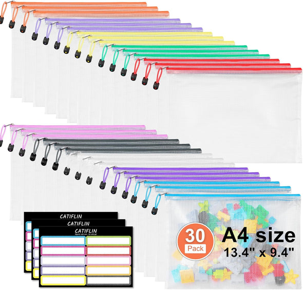 CATIFLIN 30 Pack Mesh Zipper Pouch Bags, A4 Letter Size, Clear Plastic Zip Bags for Board Game & Puzzle Storage, Waterproof & Durable Document Bags for Office, School, Travel, Art & Craft Supplies