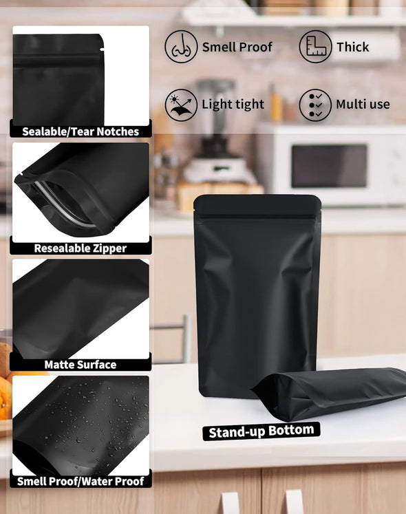 100 Pack Resealable Stand up Bags,Smell Proof Pouch Sealable Foil Pouch Bags for Packaging (Black, 3.5" X 5.1")