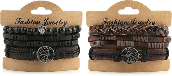 HZMAN Genuine Leather Tree of Life Bracelets Men Women, Tiger Eye Natural Stone Lava Rock Beads Ethnic Tribal Elastic Bracelets Wristbands