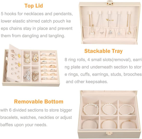 Voova Jewelry Box Organizer for Women Girls, 2 Layer Large Men Jewelry Storage Case, PU Leather Display Jewellery Holder with Removable Tray for Necklace Earrings Rings Bracelets, Vintage Gift,Apricot