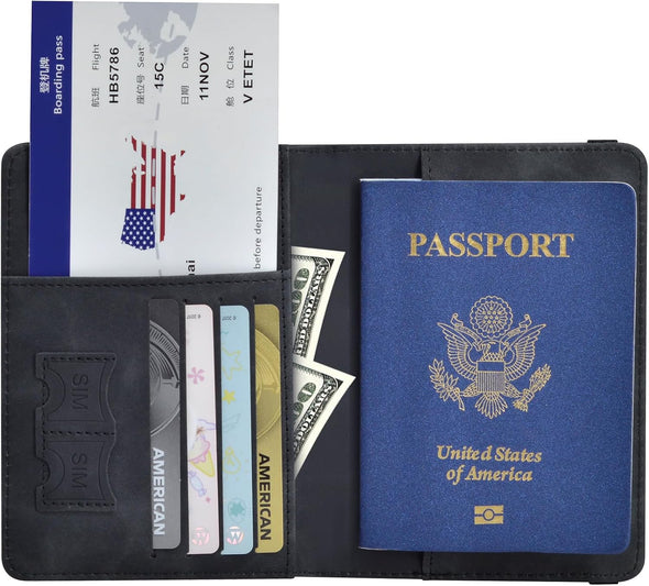 Passport Holder, Passport Cover with Credit Card Slot and Boarding Pass Slot Combo, Passport Wallet Case Book Travel Must Have, RFID Blocking Leather Travel Accessories, Black