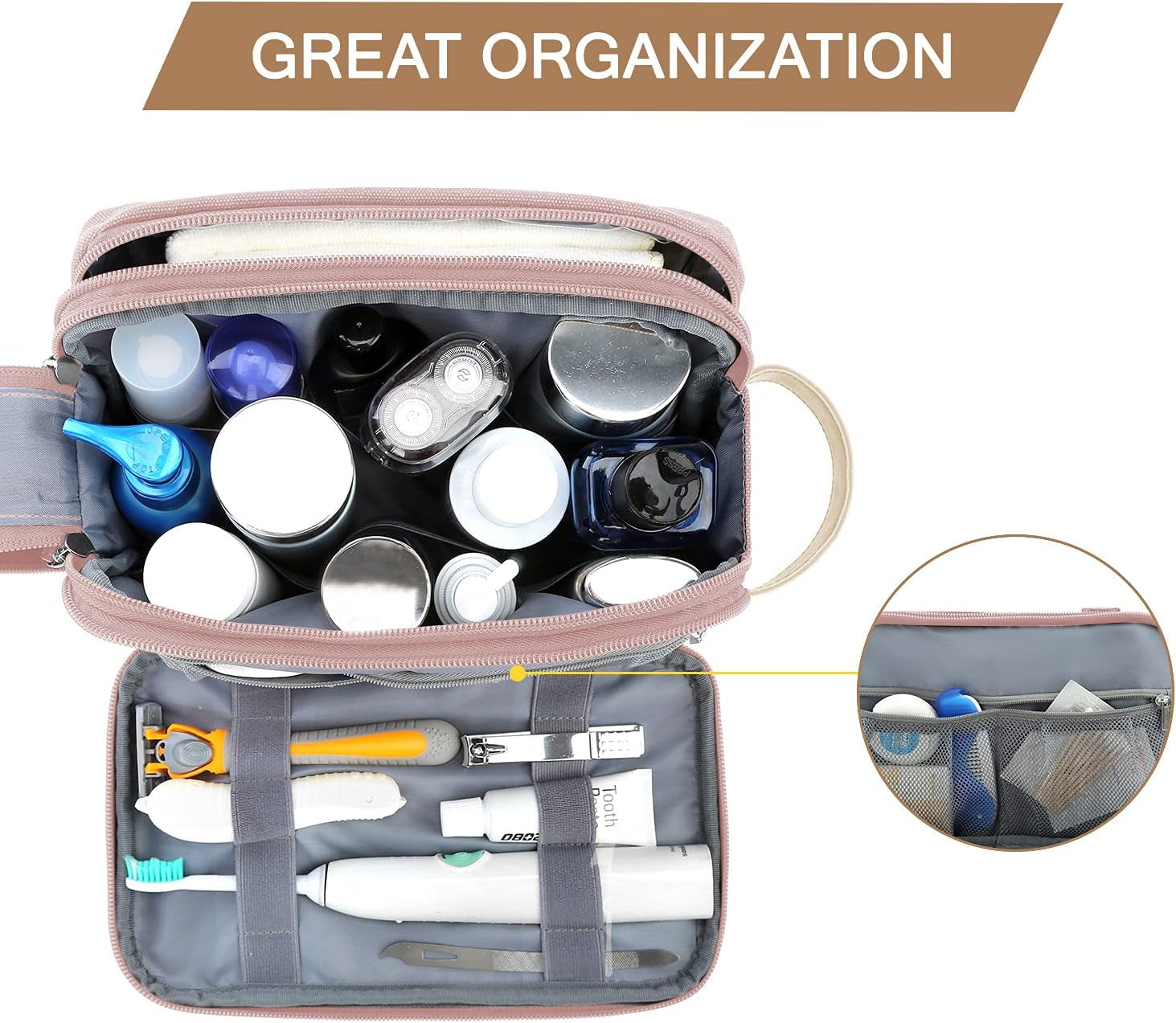 best leakproof toiletries bag for travel womens BAGSMART On-road Luxury Toiletry Bag for Travel, MEDIUM / PINK