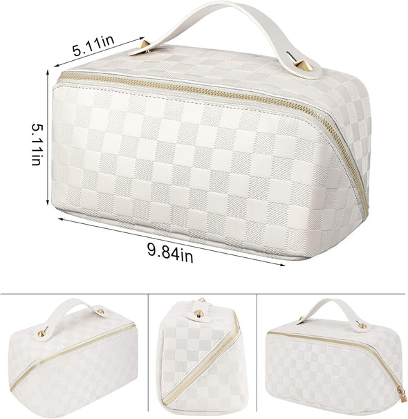 Large Capacity Travel Cosmetic Bag - Portable Makeup Bags for Women Waterproof PU Leather Checkered Makeup Organizer Bag with Dividers and Handle,Toiletry Bag for Cosmetics