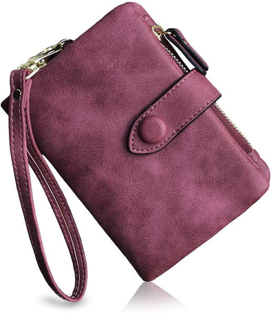 Pofeexio Womens Small Bifold Leather Wallets RFID Ladies Wristlet with Card Slots Id Window Zipper Coin Purse