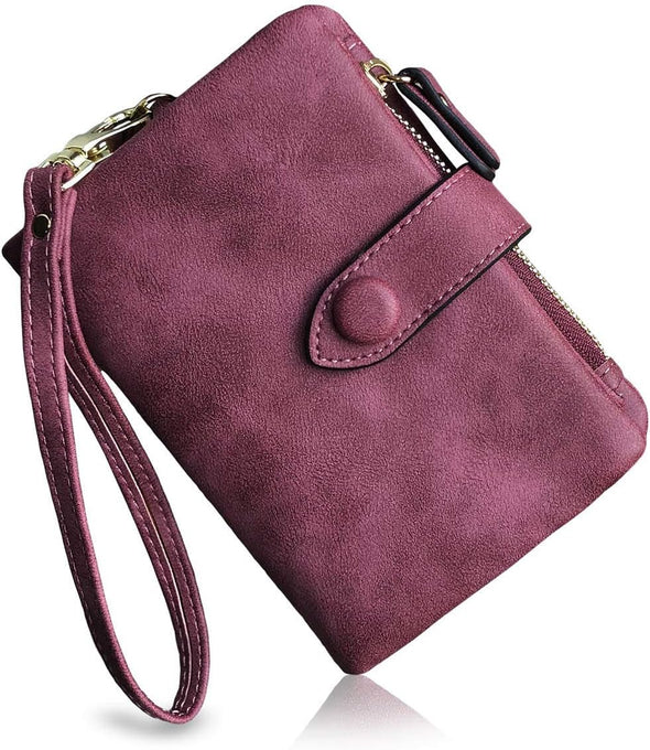 Pofeexio Womens Small Bifold Leather Wallets RFID Ladies Wristlet with Card Slots Id Window Zipper Coin Purse