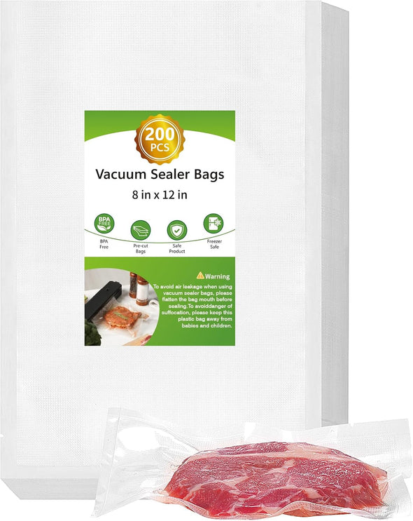 Moretoes 200Pcs Vacuum Sealer Bags, Food Saver Bags Quart 8" X 12", BPA Free, Pre-Cut Commercial Grade Vac Bags for Food Storage, Meal Prep or Sous Vide