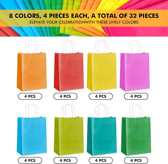RACETOP 32 Pack Small Paper Gift Bags with Handles, 5.8"×3.2"×8.25" Kraft Paper Party Favor Bags Bulk for Kids Birthday, Baby Shower, Crafts, Wedding, Party Supplies (8 Colors)