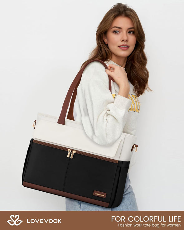 LOVEVOOK Laptop Bag for Women 15.6 Inch Canvas Laptop Large Capacity Work Bags Mutiple Pockets Teacher Bag Water Resistant Computer Bags for Business Travel Nurse, Black Brown