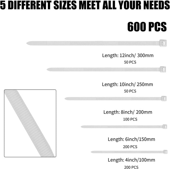 Cable Zip Ties,600 Piece Self-Locking Nylon Cableties,Assorted Sizes 4+6+8+10+12-Inch,Multi-Purpose Wire Management Plastic Ties,Perfect for Home,Garden,Office,Travel and Workshop.White