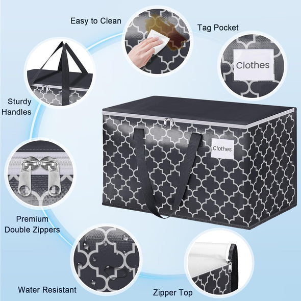Extra Large Moving Bags, Heavy-Duty Storage Totes with Zipper Top and Sturdy Handles, Moving Supplies for Space Saving and Packing, Collapsible Storage Bags, Black & Gray, 88L, 6-Pack
