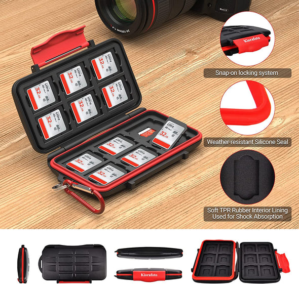 Kiorafoto Professional Water-Resistant Anti-Shock Holder Storage SD SDHC SDXC TF Memory Card Case Protector Cover with Carabiner for 12SD Cards & 12 Micro SD Cards