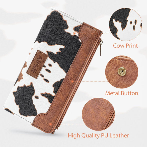 Cow Print Wallets for Women Bifold Credit Card Holder, Rfid Blocking, ID Window, Western Slim Wallet with Zipper Coin Pocket for Ladies, Cow Brown