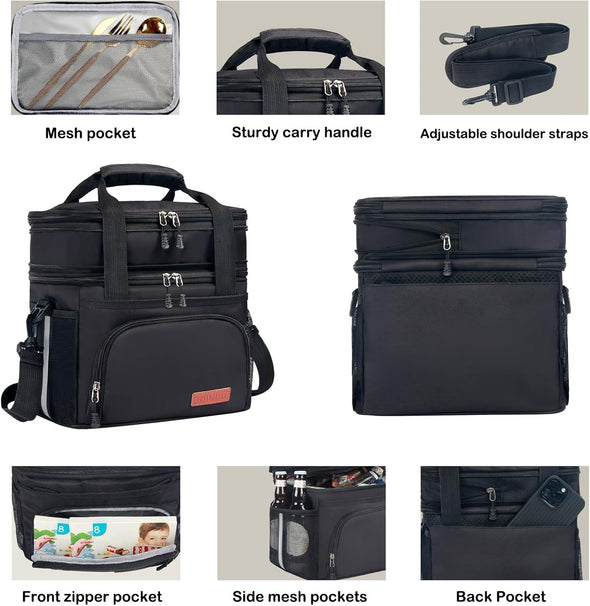 Lunch Box for Men/Women,Large Double-Layer Insulated Expandable Reusable Leakproof Cooler Bags for Adults,Lunch Bag with Adjustable Shoulder Strap for Office Travel Picnic（Black）