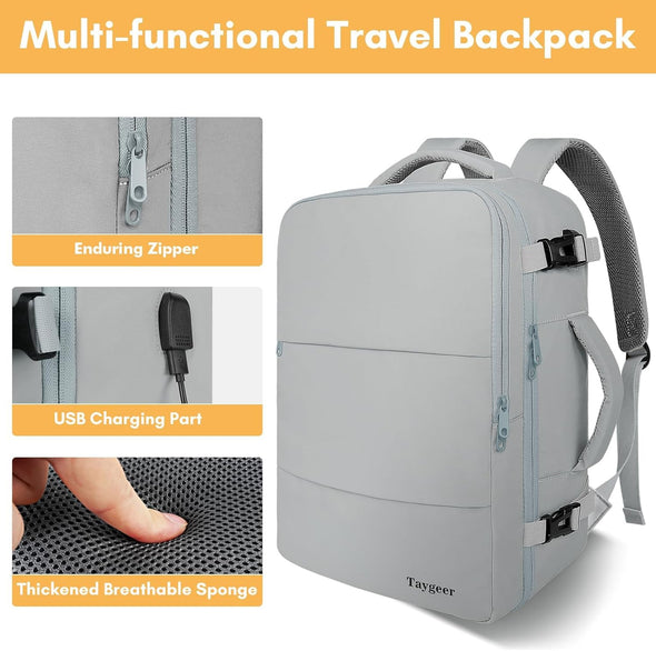 Taygeer Carry on Backpack for Men Women, Travel Backpack with USB Charging Port & Shoe Pouch, Laptop Mochila 17.3Inch Flight Approved, College Teacher Tote Bag for Business Travel, Grey