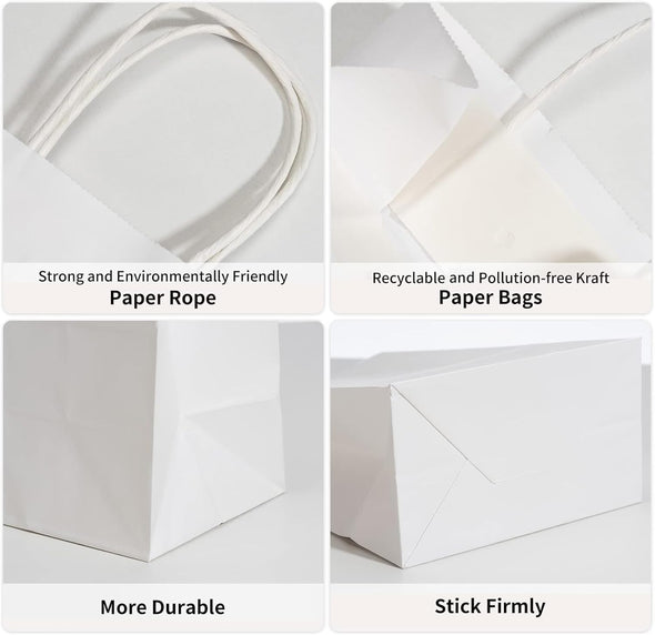 RACETOP White Paper Bags with Handles Bulk 8"X4.5"X10.8" 100Pcs Gift Bags Medium Size, White Gift Bags with Handles, Gift Bag Bulk for Retail, Party, Shopping, Merchandise