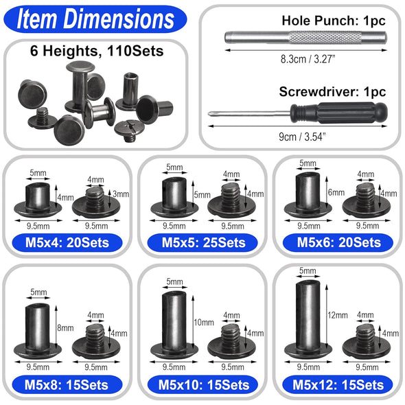 110Sets Chicago Screws Leather Rivets Assorted Screw Rivets Chicago Binding Screws for Decorate and Repair Leather Craft Belt Bag Shoes Purse Bookbinding (Gunmetal Black, M5*4,5,6,8,10,12)