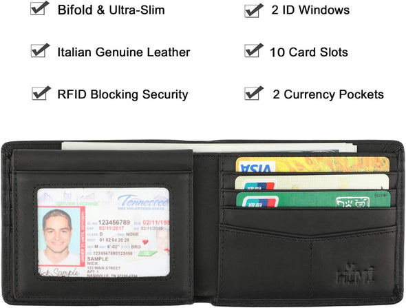 Wallet for Men-Genuine Leather RFID Blocking Bifold Stylish Wallet with 2 ID Window
