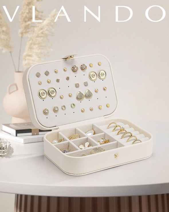 Vlando Travel Jewelry Case for Mothers Day Teacher Appreciation Gifts, PU Leather Portable Small Jewelry Box for Rings, Necklaces, Bracelets, Earring Holder Organizer for Women Girls - Beige