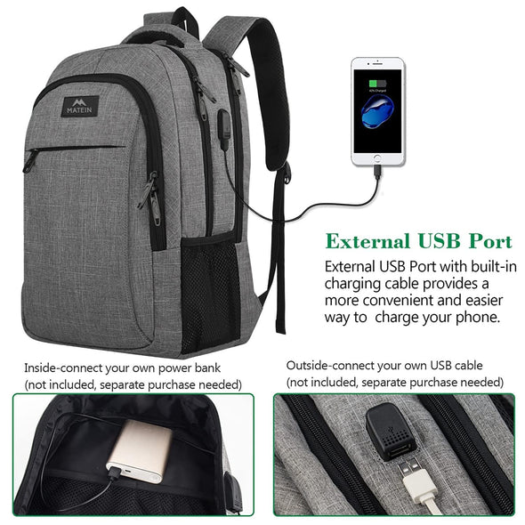 Business Travel Laptop Backpack with USB Charging Port, College School Book Bag, Grey