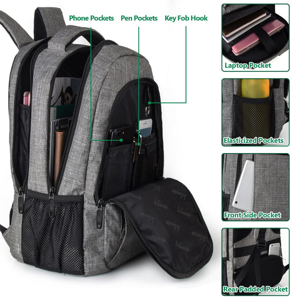 Business Travel Laptop Backpack with USB Charging Port, College School Book Bag, Grey