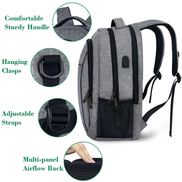 Business Travel Laptop Backpack with USB Charging Port, College School Book Bag, Grey