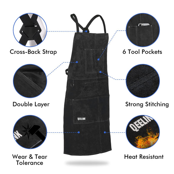 QeeLink cowhide Welding Apron with 6 Pockets, 24'' X 42'', Adjustable M- XXXL, Black