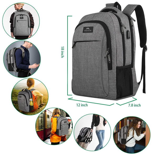 Business Travel Laptop Backpack with USB Charging Port, College School Book Bag, Grey