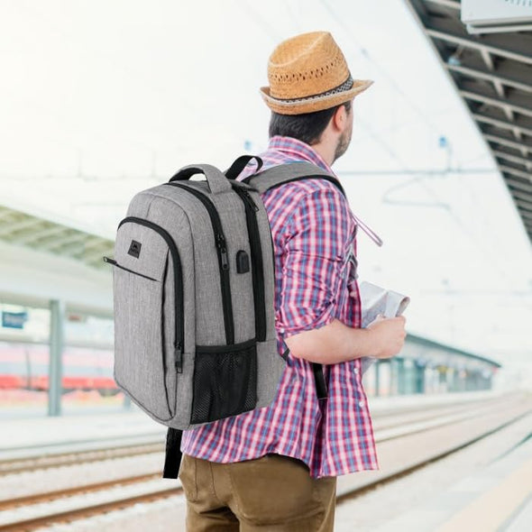 Business Travel Laptop Backpack with USB Charging Port, College School Book Bag, Grey