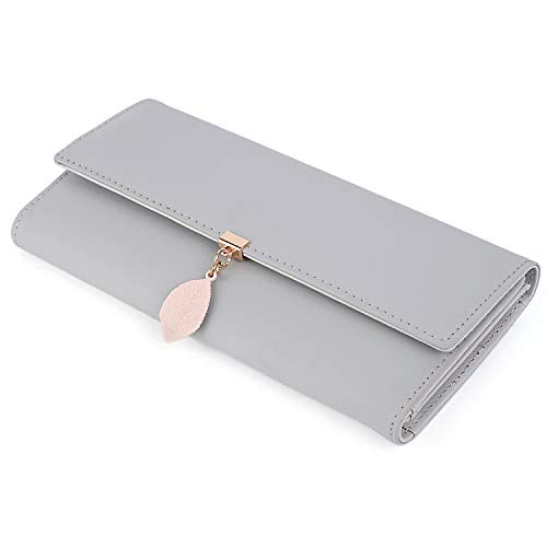 UTO Women PU Leather Wallet Large Capacity Leaf Pendant Card Phone Holder Checkbook Organizer Zipper Coin Purse Grey