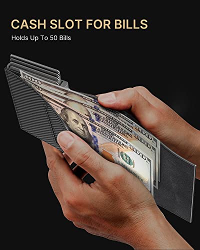 typecase Mens Wallet Card Holder: Pop Up Aluminum Case, Carbon Fiber Leather, Smart, RFID Blocking, Slim, Minimalist, Front Pocket - 9-14 Capacity | ID Window | Cash Slot (Black)