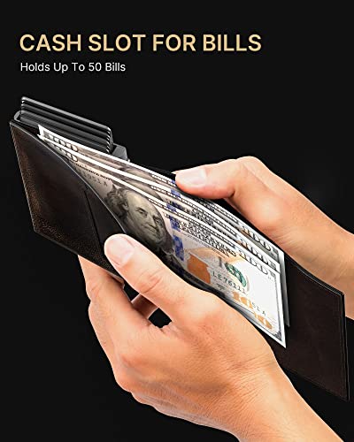 typecase Mens Wallet Card Holder: Pop Up Aluminum Case, Full Grain Leather, RFID Blocking, Smart, Slim, Minimalist, Front Pocket - 9-14 Card Capacity | ID Window | Cash Slot (Burnished Black)
