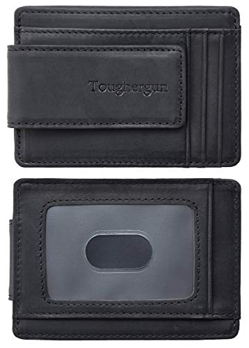 Toughergun Genuine Leather Magnetic Front Pocket Money Clip Wallet RFID Blocking(Crazy Horse Black)