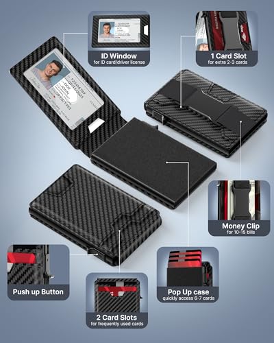 typecase Mens Wallet Card Holder: Pop Up Card Case, Carbon Fiber Leather, RFID Blocking, Smart, Slim, Minimalist, Thin - 13 Card Capacitiy, ID Window, Money Clip (Black)