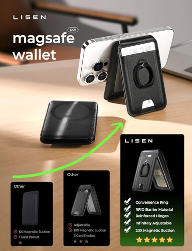 LISEN for Magsafe Wallet for iPhone 15,Strongest Magnetic iPhone Wallet for Apple Wallet Magsafe with Adjustable Magsafe Wallet Stand Black Magnetic Wallet for iPhone 15/14/13/12 Fit Magsafe 3 Wallet