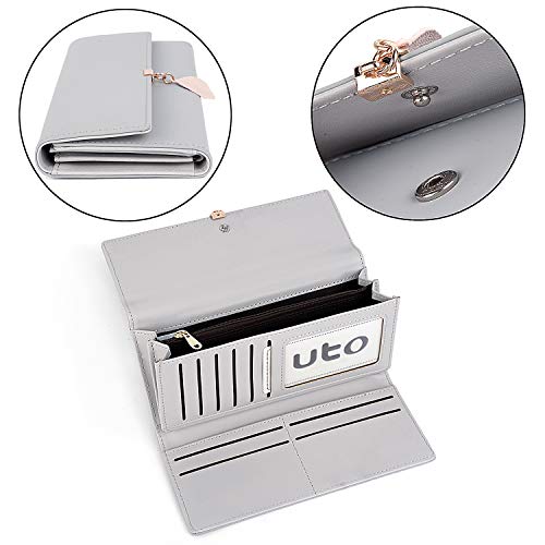 UTO Women PU Leather Wallet Large Capacity Leaf Pendant Card Phone Holder Checkbook Organizer Zipper Coin Purse Grey