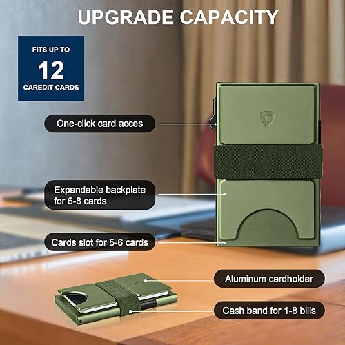 TOYFID Metal Wallets for Men, Slim Pop Up Wallet, RFID Blocking Mens Wallets with Expandable Backplate & Cash Band, Holds 12+ Cards Plus Cash, Green