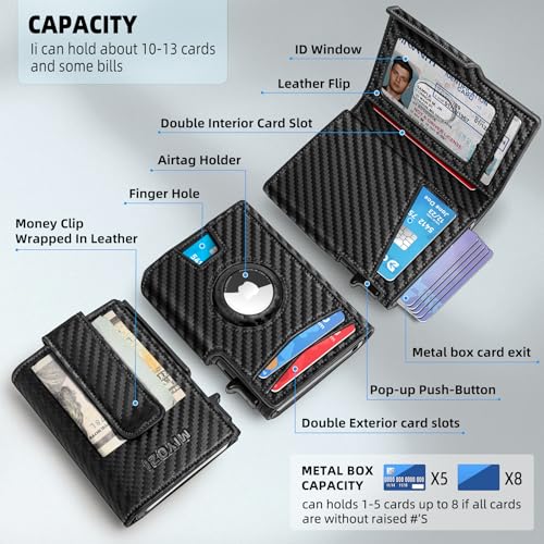 miyozi Airtag Wallet for Men,with Money Clip 10-13 Cards Metal Case Smart Slim Pop Up Credit Card Holder Flip with Magnetic Closure RFID Blocking wallet with Gift Box