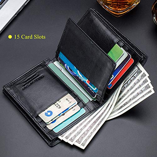 Bullcaptain Large Capacity Genuine Leather Bifold Wallet/Credit Card Holder for Men with 15 Card Slots QB-027 (Black)