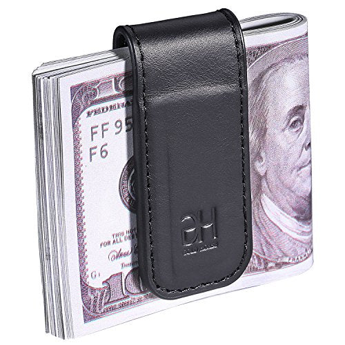 Slim Magnetic Money Clip Genuine Leather Business Card Holder for Men, Black