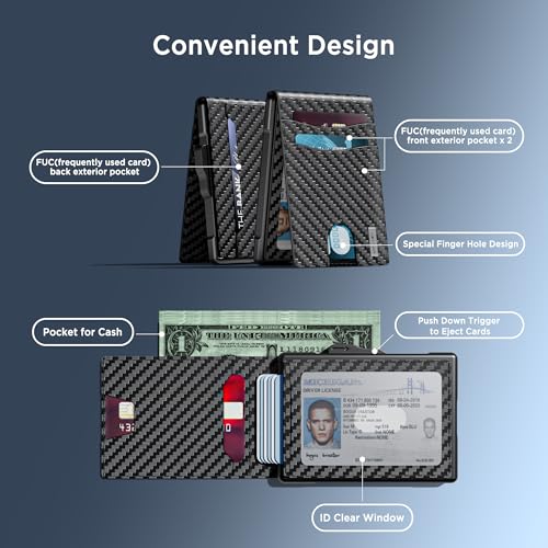 umoven Wallet for Men - Pop Up Case, Cash Slot, and Credit Card Slot - Slim Aluminum Wallet with RFID Blocking, Minimalist Leather Wallet Front Pocket with ID Window, Gift Box (Carbon Fiber)