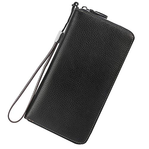 Lavemi Women's RFID Blocking Leather Zip Around Wallet Large Phone Holder Clutch Travel Purse Wristlet(Large Size Pebble Black)