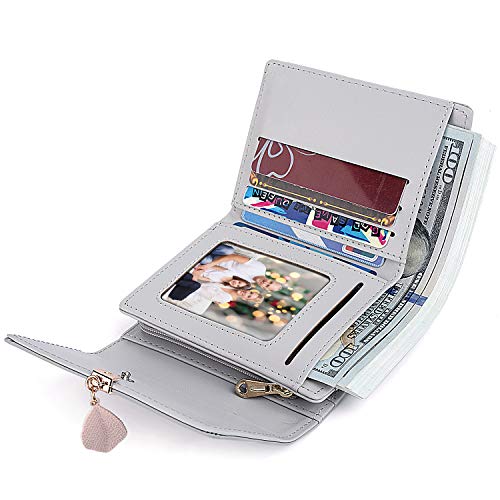 UTO Small Wallet for Women PU Leather Leaf Pendant Card Holder Organizer Zipper Coin Purse A Grey